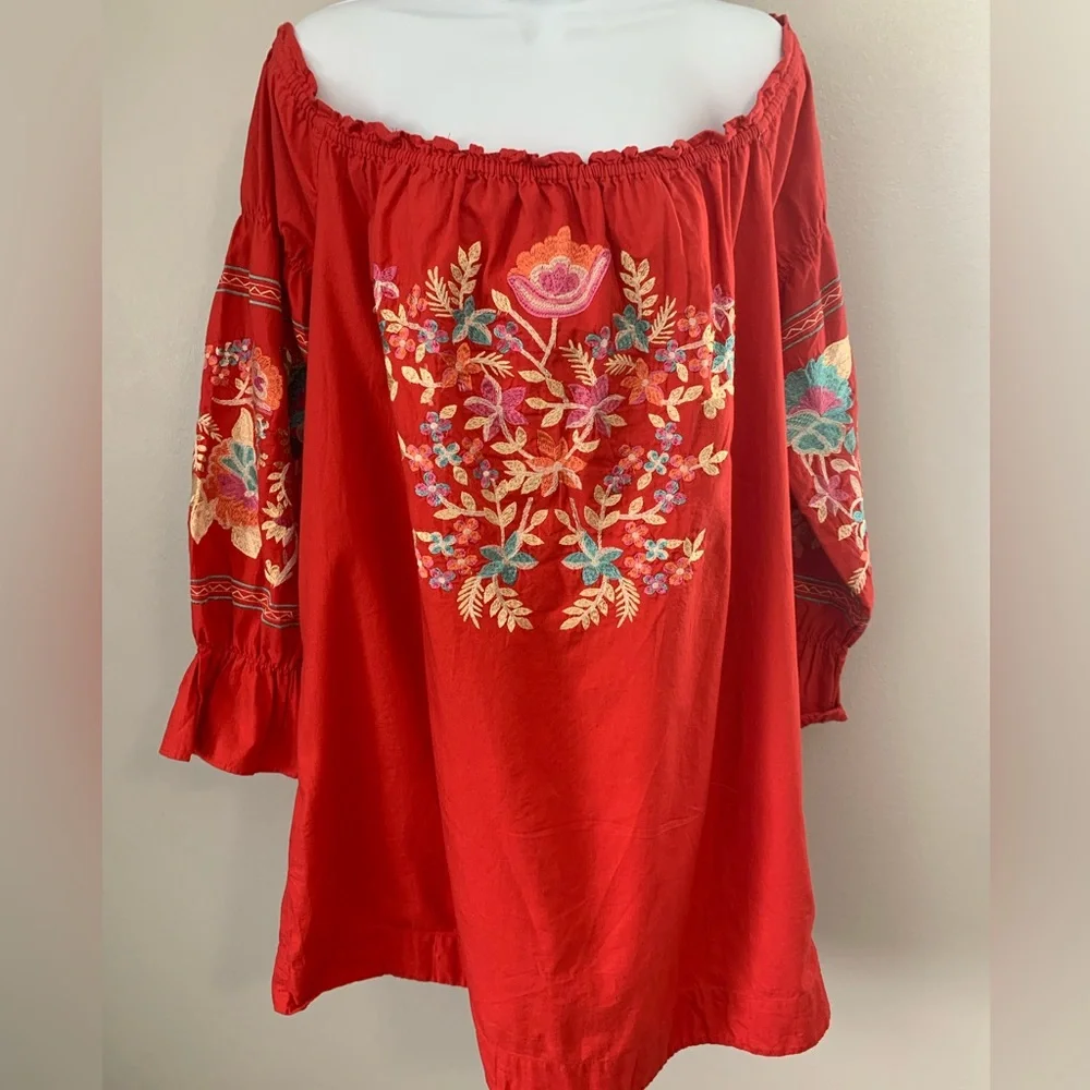 Free People Embroidered Off-Shoulder Red Peasant Tunic/Dress